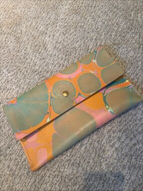 Glad & Young Hand Marbled Leather Foldover Clutch in Peach, Green & Pink